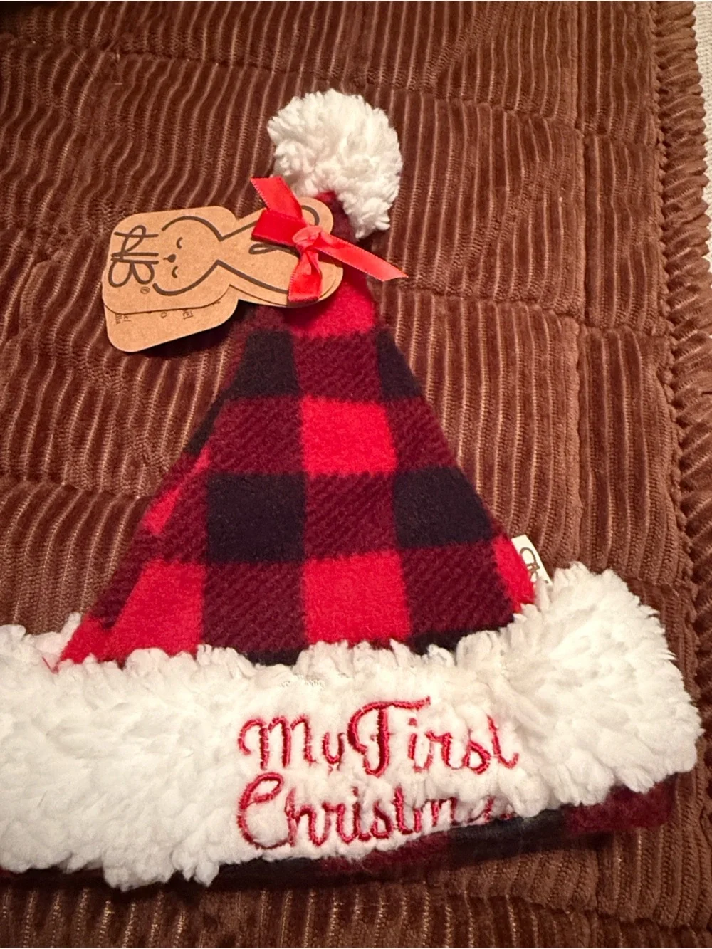 Red & Black Buffalo Plaid Baby Holiday Hat with White Pom Pom